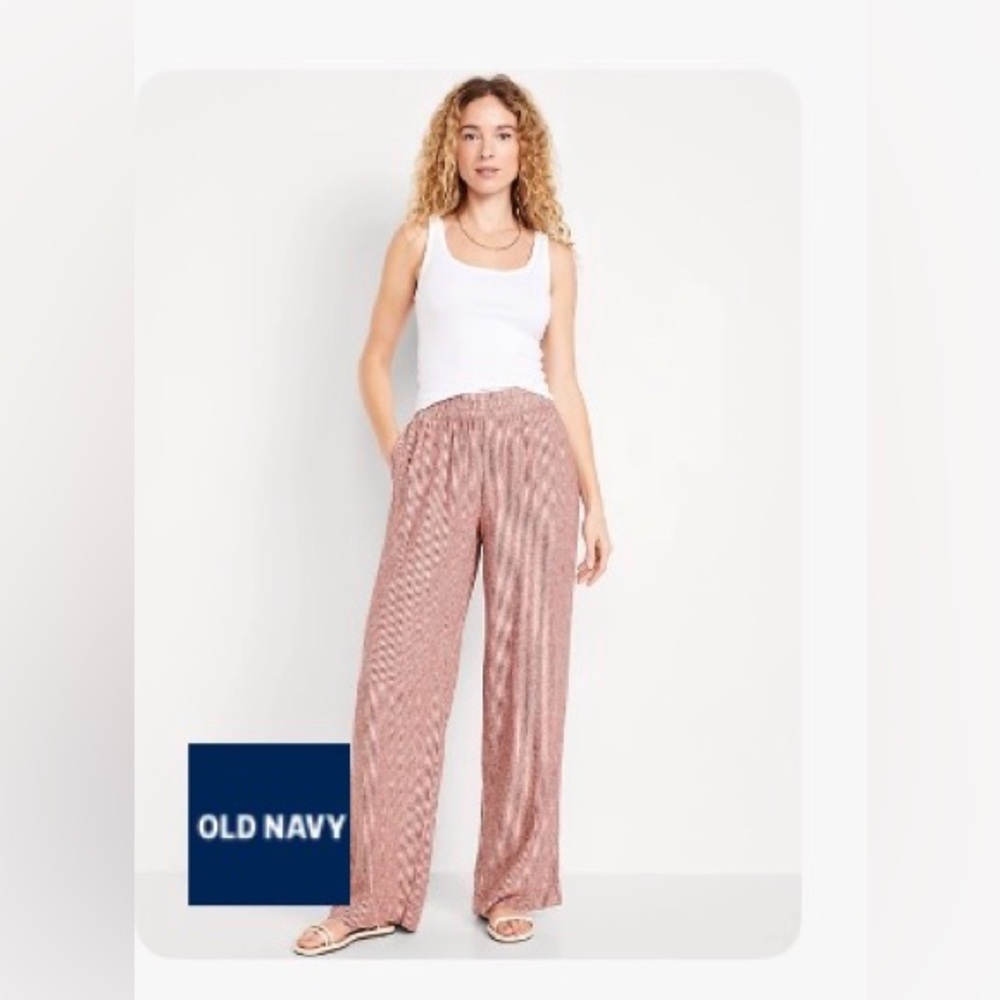 NWT Old Navy High Waisted Linen Blend Wide-Leg Pants in Red Stripe - Size L Tall